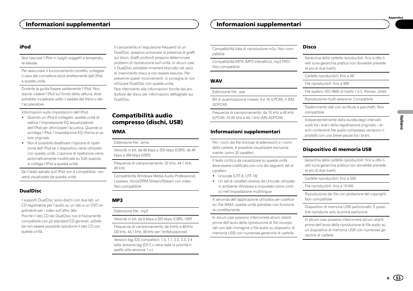 Compatibilità audio compresso (dischi, usb), Informazioni supplementari | Pioneer DEH-3400UB User Manual | Page 53 / 132