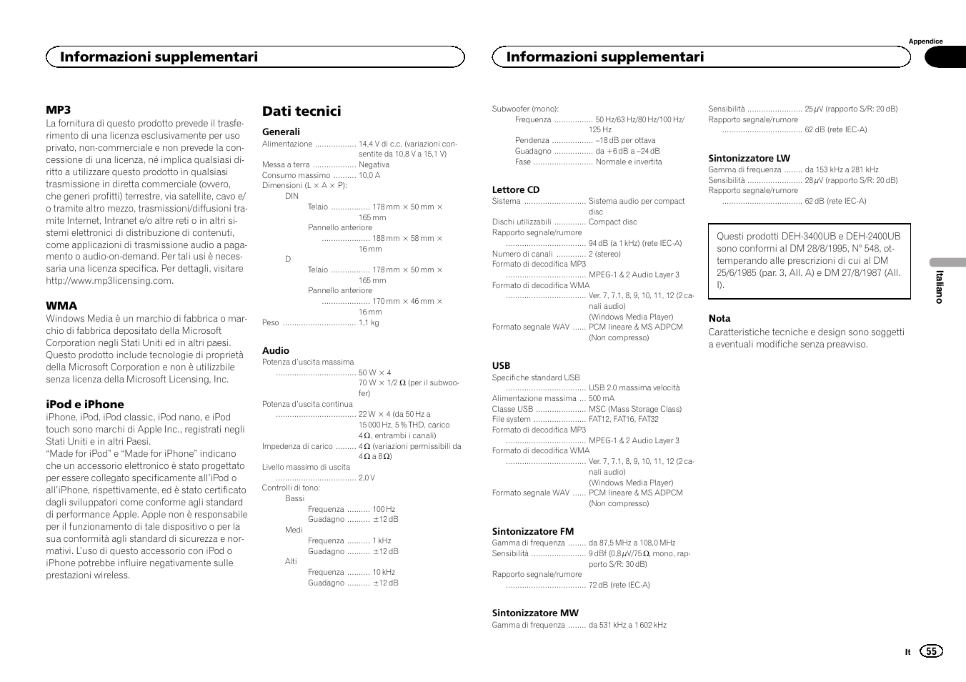 Dati tecnici, Informazioni supplementari | Pioneer DEH-3400UB User Manual | Page 55 / 132