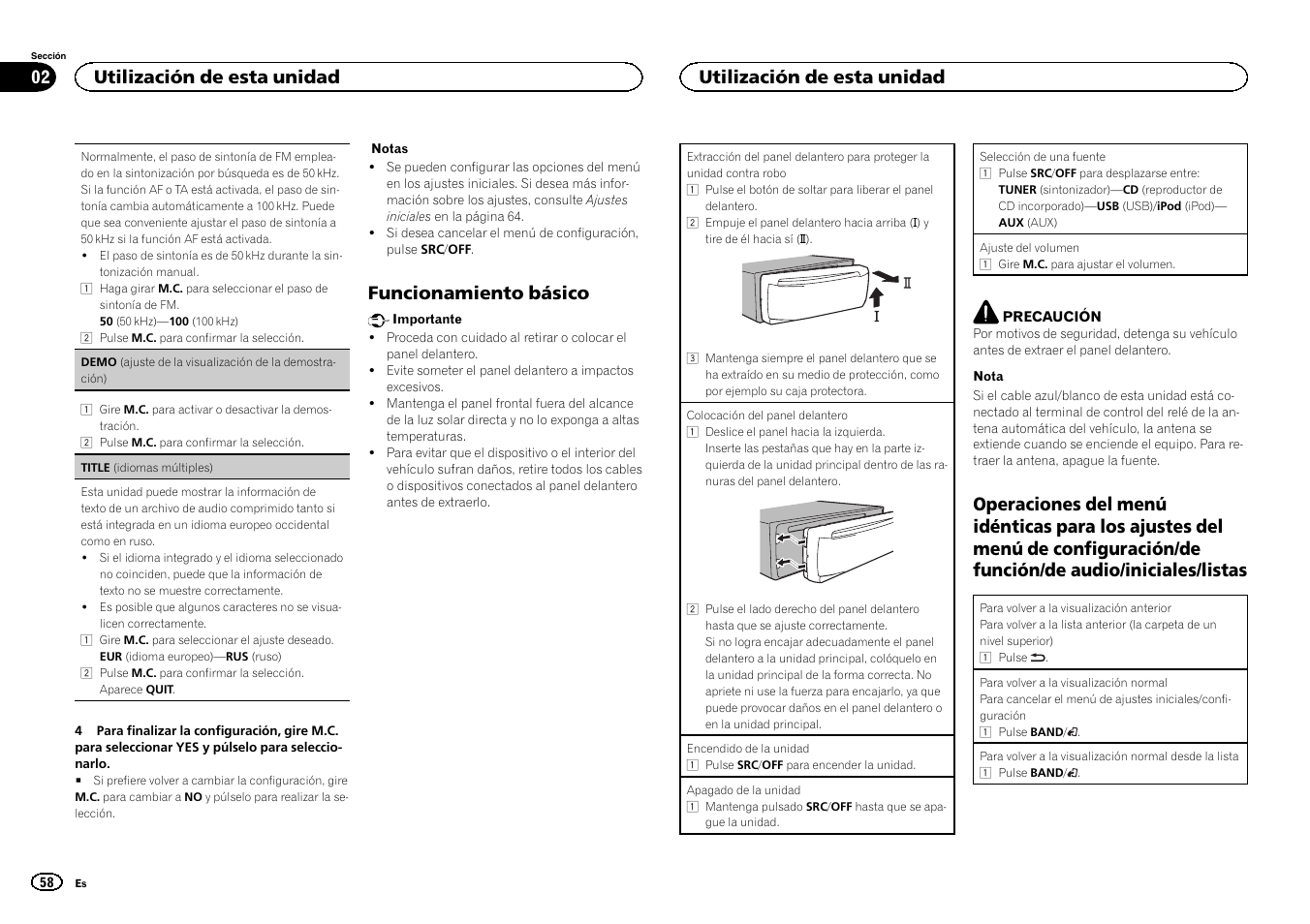 Funcionamiento básico, Utilización de esta unidad | Pioneer DEH-3400UB User Manual | Page 58 / 132