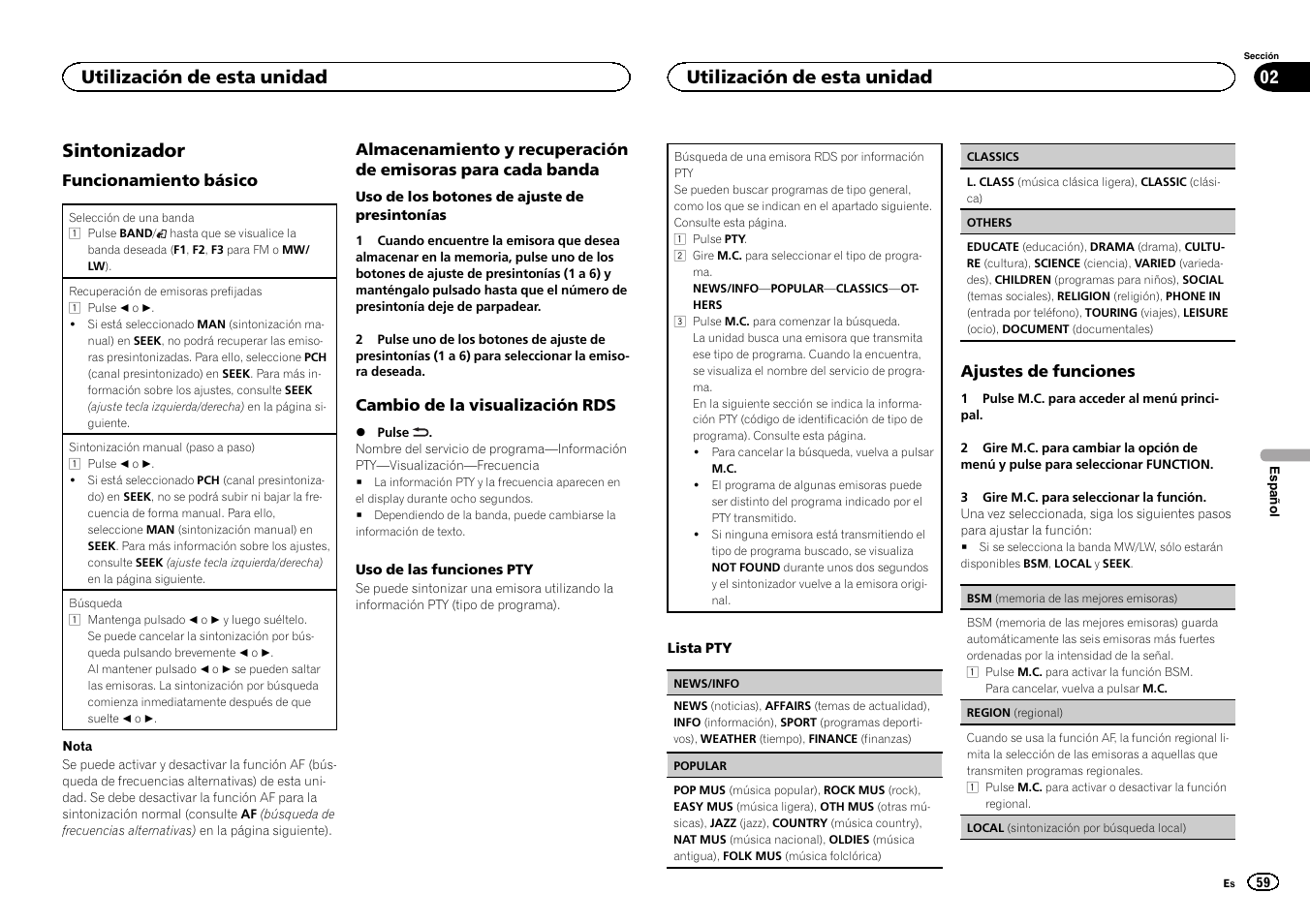 Sintonizador, Utilización de esta unidad | Pioneer DEH-3400UB User Manual | Page 59 / 132