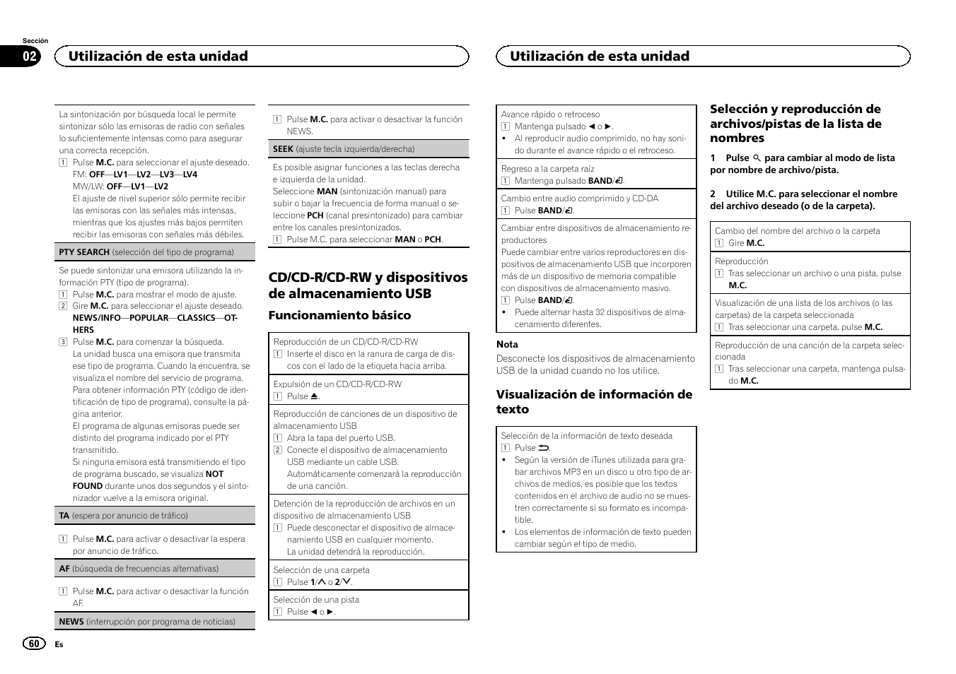 Seek, Seek (ajuste tecla izquierda/derecha), Af (búsqueda de | Cd/cd-r/cd-rw y dispositivos de almacenamiento usb, Utilización de esta unidad | Pioneer DEH-3400UB User Manual | Page 60 / 132