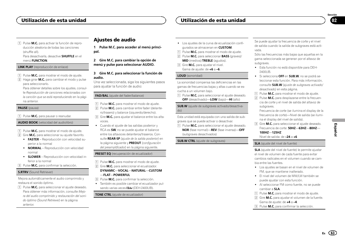 Ajustes de audio, Utilización de esta unidad | Pioneer DEH-3400UB User Manual | Page 63 / 132