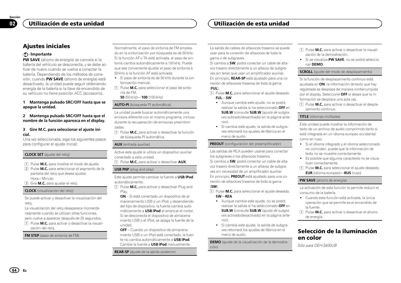 Rear-sp (ajuste de la salida posterior) en, Preout (configuración, Ajustes iniciales | Selección de la iluminación en color, Utilización de esta unidad | Pioneer DEH-3400UB User Manual | Page 64 / 132