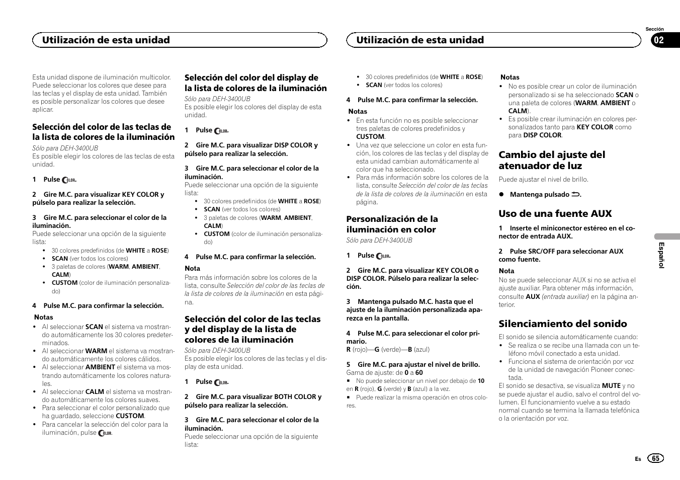 Cambio del ajuste del atenuador de luz, Uso de una fuente aux, Silenciamiento del sonido | Utilización de esta unidad | Pioneer DEH-3400UB User Manual | Page 65 / 132