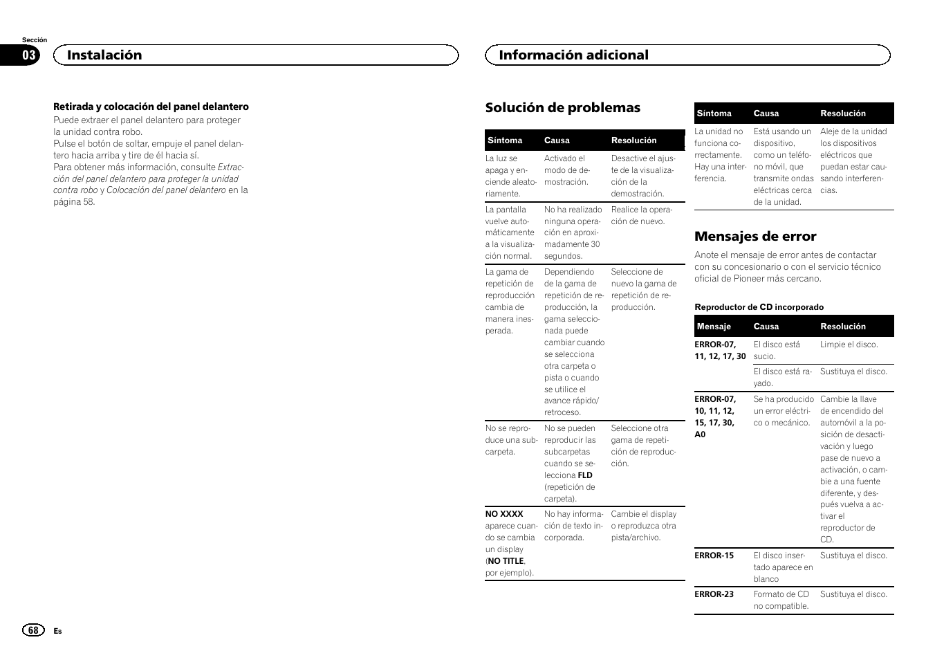 Solución de problemas, Mensajes de error, Instalación | Información adicional | Pioneer DEH-3400UB User Manual | Page 68 / 132