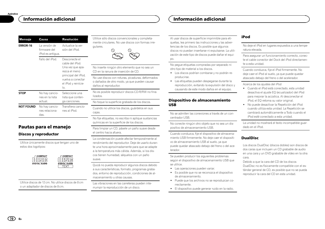 Pautas para el manejo, Información adicional | Pioneer DEH-3400UB User Manual | Page 70 / 132
