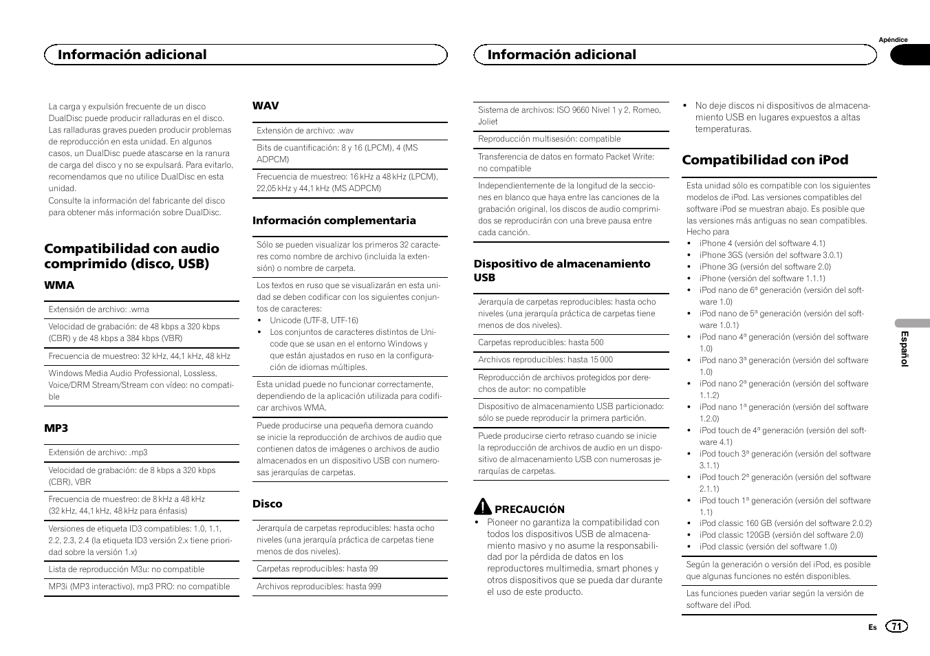 Compatibilidad con audio comprimido (disco, usb), Compatibilidad con ipod, Información adicional | Pioneer DEH-3400UB User Manual | Page 71 / 132