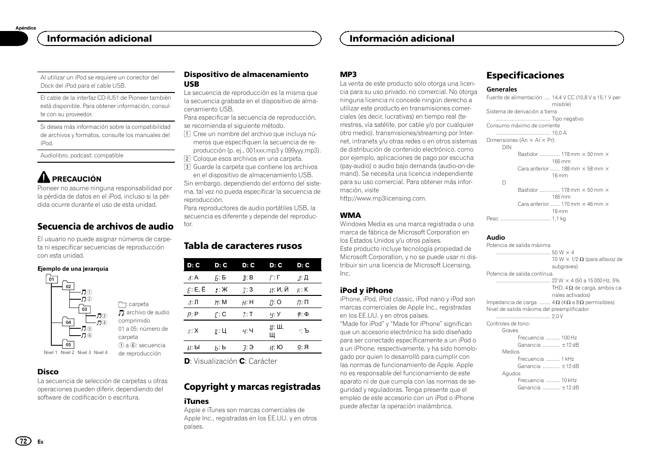Secuencia de archivos de audio, Tabla de caracteres rusos, Copyright y marcas registradas | Especificaciones, Información adicional | Pioneer DEH-3400UB User Manual | Page 72 / 132