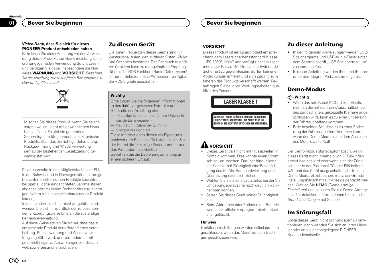 Deutsch, Zu diesem gerät, Laser klasse 1 | Zu dieser anleitung, Demo-modus, Im störungsfall, Bevor sie beginnen | Pioneer DEH-3400UB User Manual | Page 74 / 132