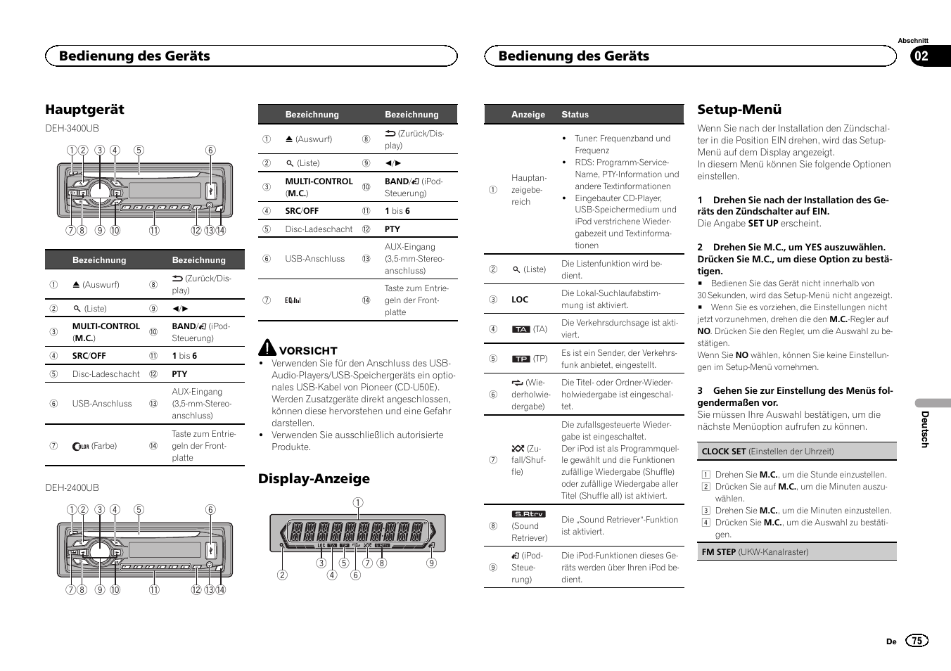 Hauptgerät, Display-anzeige, Setup-menü | Bedienung des geräts | Pioneer DEH-3400UB User Manual | Page 75 / 132
