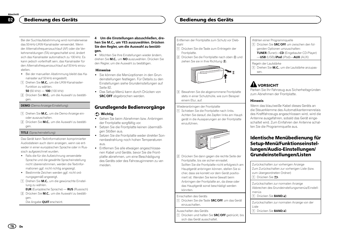 Grundlegende bedienvorgänge, Bedienung des geräts | Pioneer DEH-3400UB User Manual | Page 76 / 132