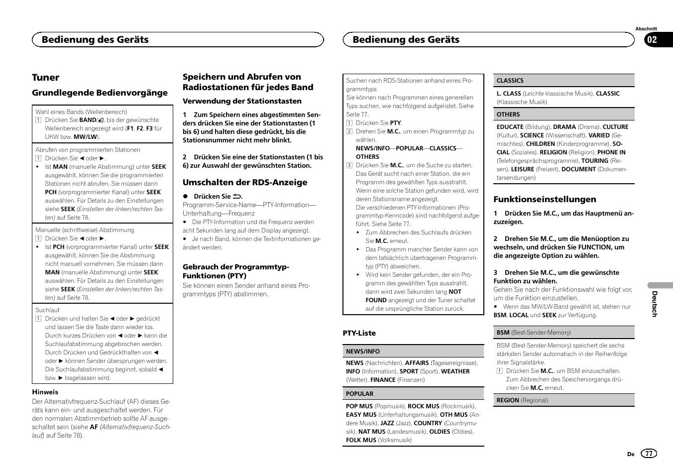 Tuner, Bedienung des geräts | Pioneer DEH-3400UB User Manual | Page 77 / 132