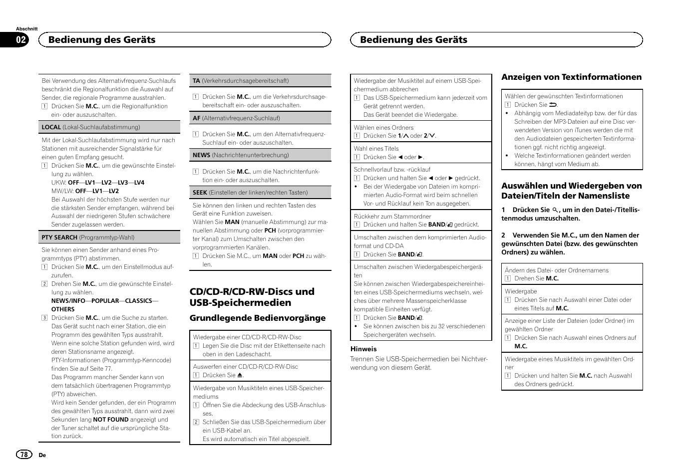 Seek (einstellen der linken/rechten tas, Ten) auf seite 78, Af (alternativfrequenz-such | Lauf) auf seite 78), Cd/cd-r/cd-rw-discs und usb-speichermedien, Bedienung des geräts | Pioneer DEH-3400UB User Manual | Page 78 / 132