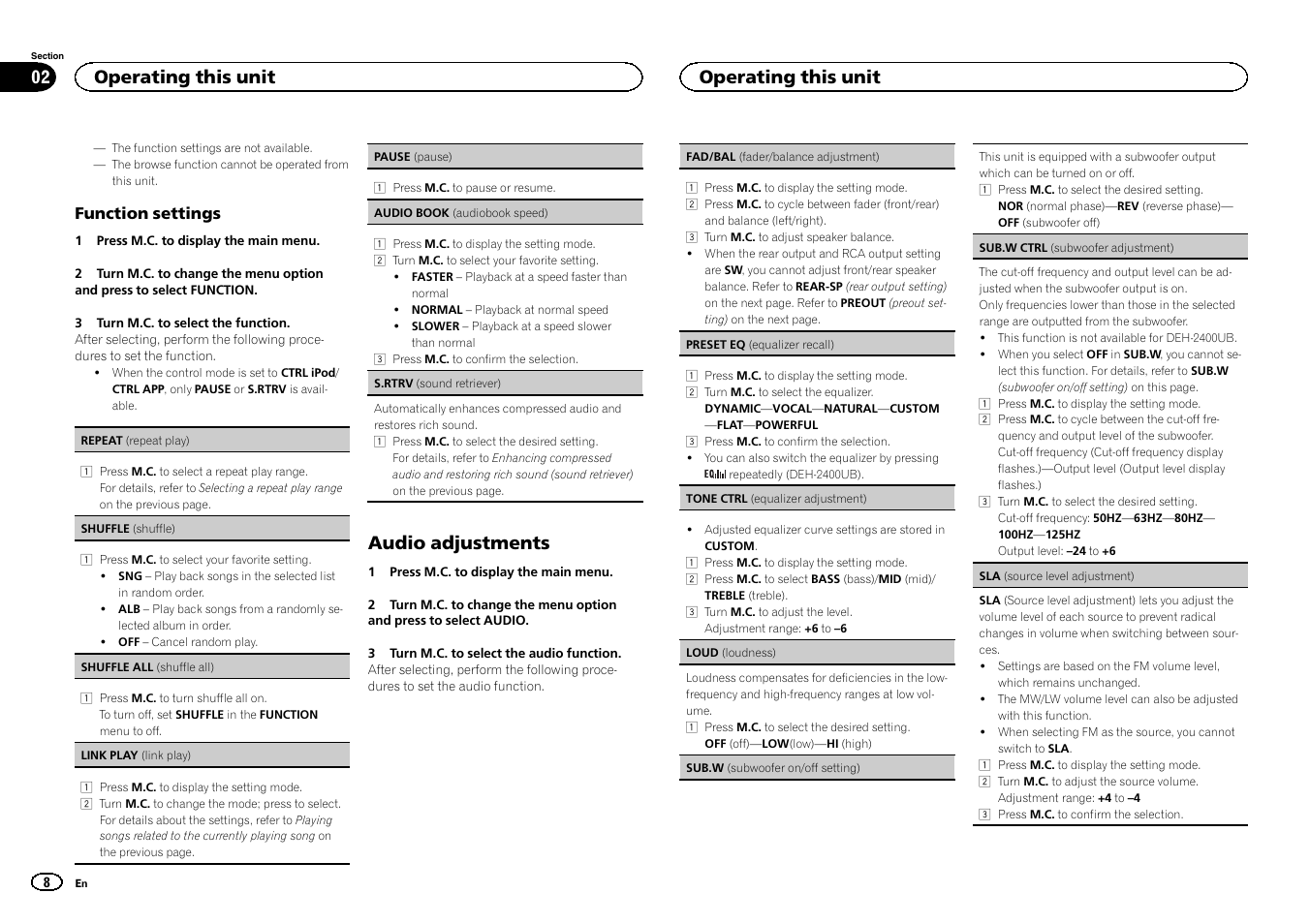 Audio adjustments, Operating this unit | Pioneer DEH-3400UB User Manual | Page 8 / 132