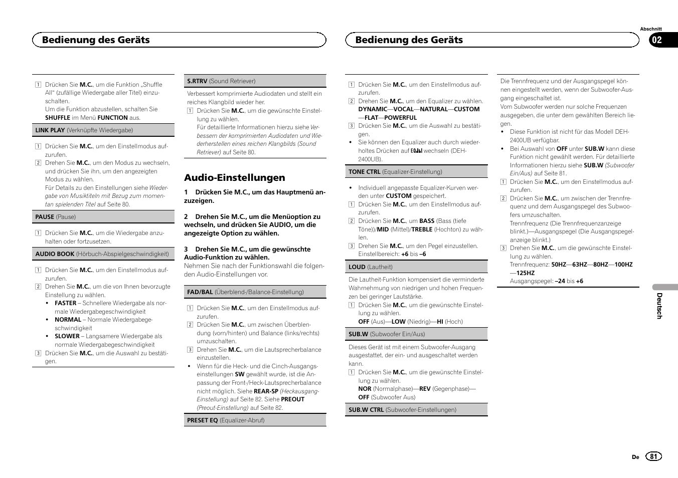 Audio-einstellungen, Bedienung des geräts | Pioneer DEH-3400UB User Manual | Page 81 / 132