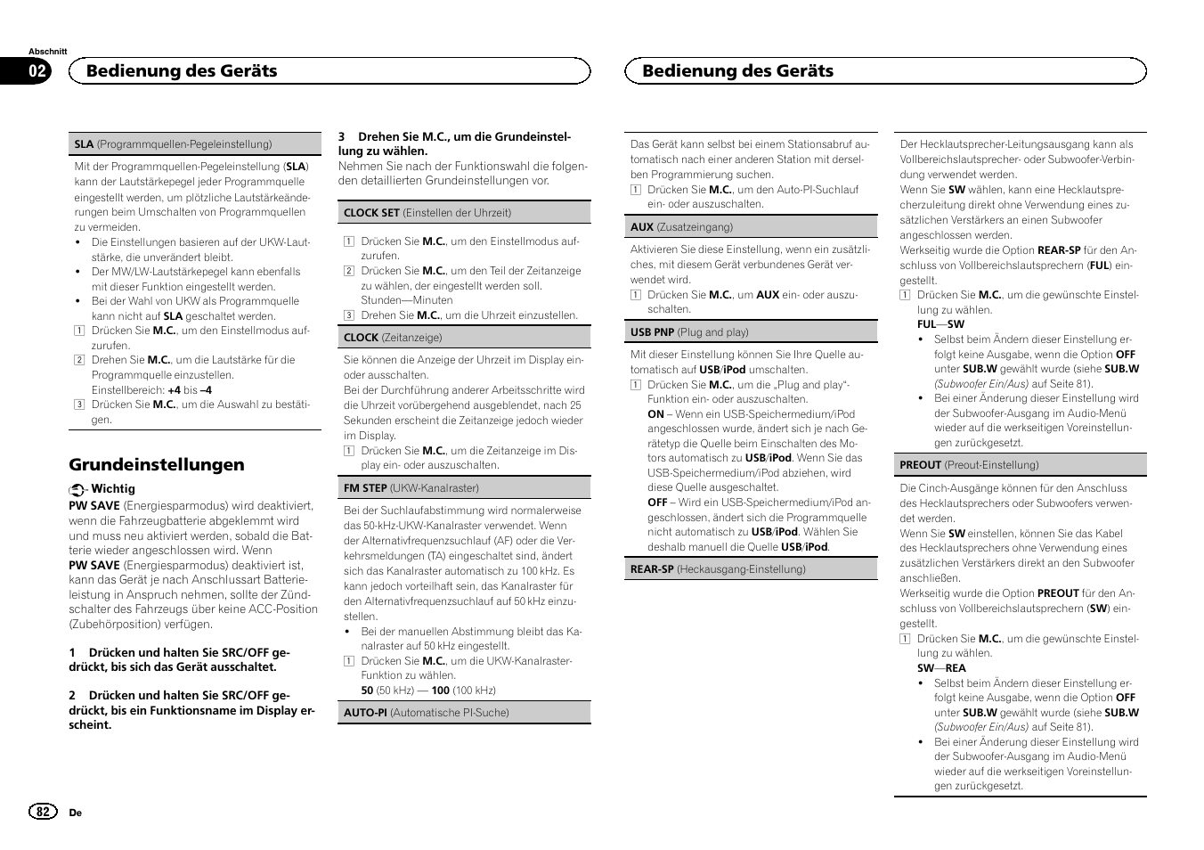 Rear-sp (heckausgang, Einstellung) auf seite 82, Preout | Preout-einstellung) auf seite 82, Grundeinstellungen, Bedienung des geräts | Pioneer DEH-3400UB User Manual | Page 82 / 132