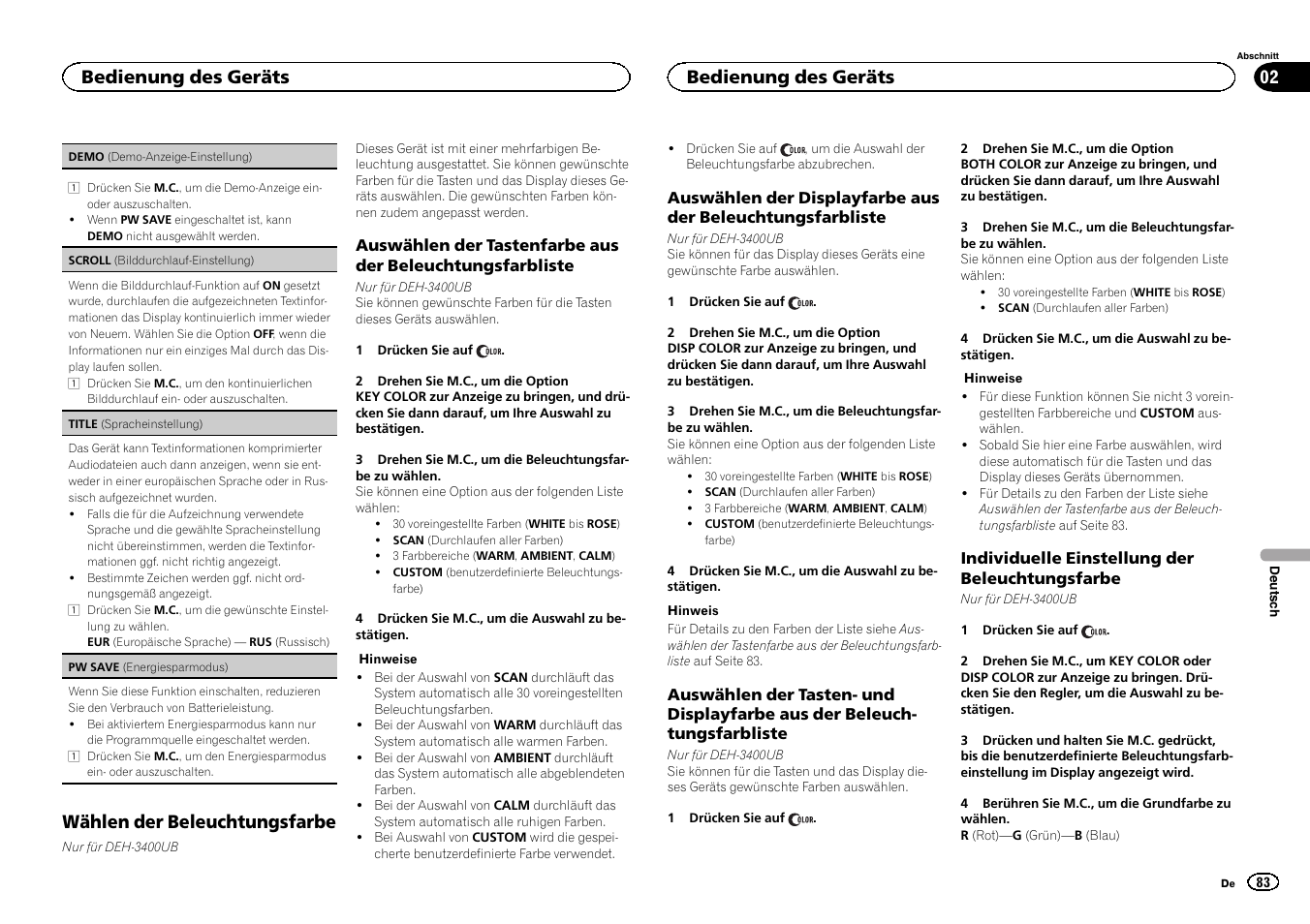 Wählen der beleuchtungsfarbe, Bedienung des geräts | Pioneer DEH-3400UB User Manual | Page 83 / 132