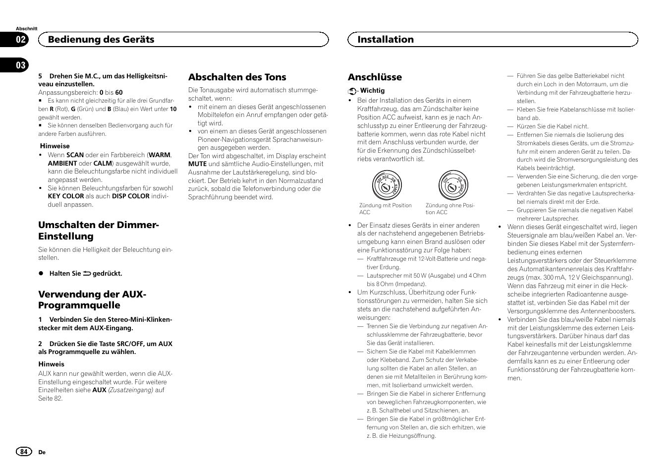 Umschalten der dimmer- einstellung, Verwendung der aux- programmquelle, Abschalten des tons | Anschlüsse, Bedienung des geräts, Installation | Pioneer DEH-3400UB User Manual | Page 84 / 132