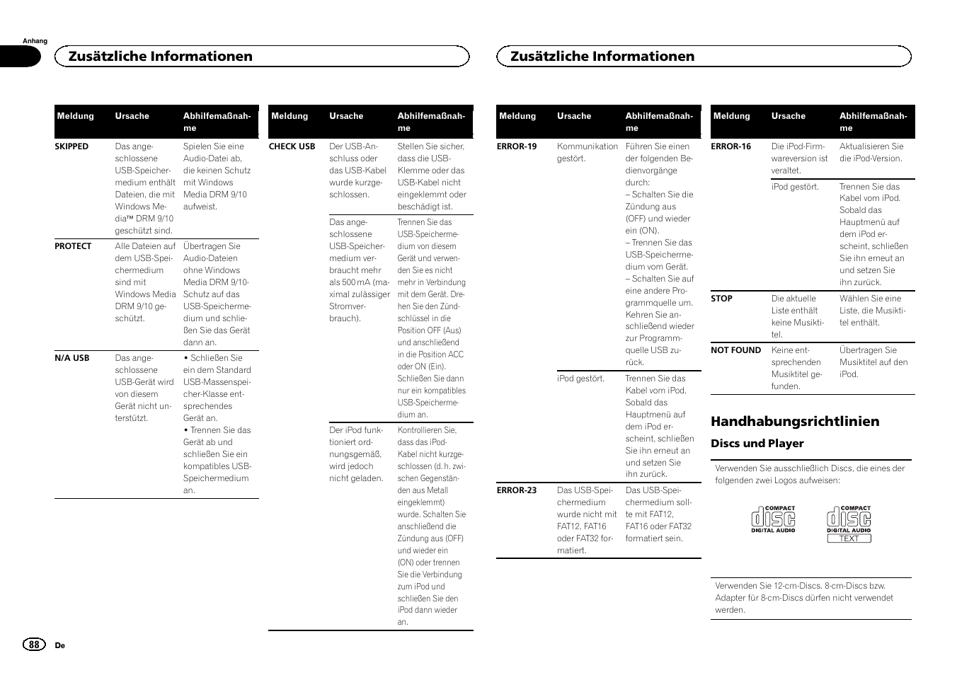 Handhabungsrichtlinien, Zusätzliche informationen | Pioneer DEH-3400UB User Manual | Page 88 / 132