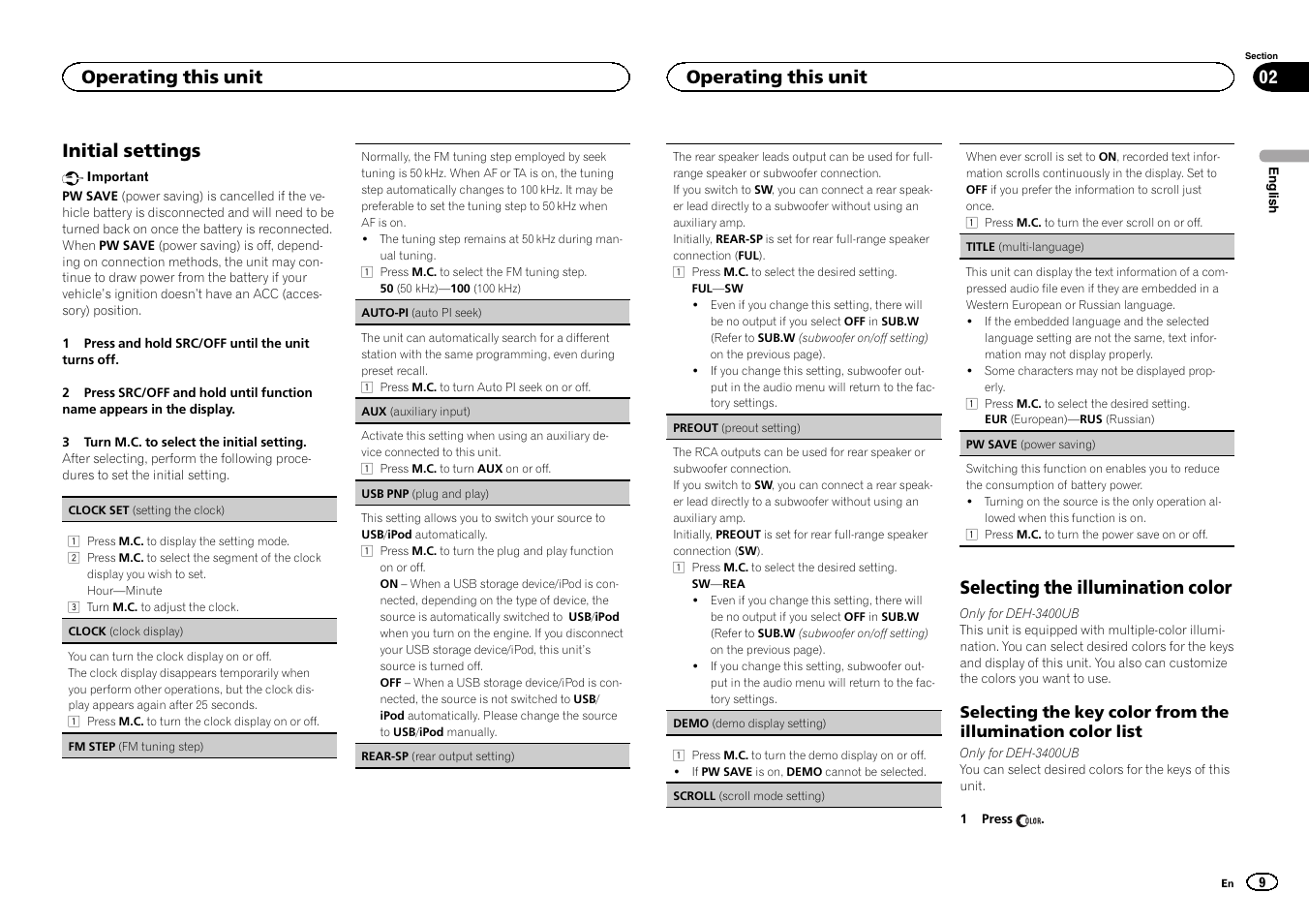 Rear-sp (rear output setting), Preout (preout set, Initial settings | Selecting the illumination color, Operating this unit | Pioneer DEH-3400UB User Manual | Page 9 / 132