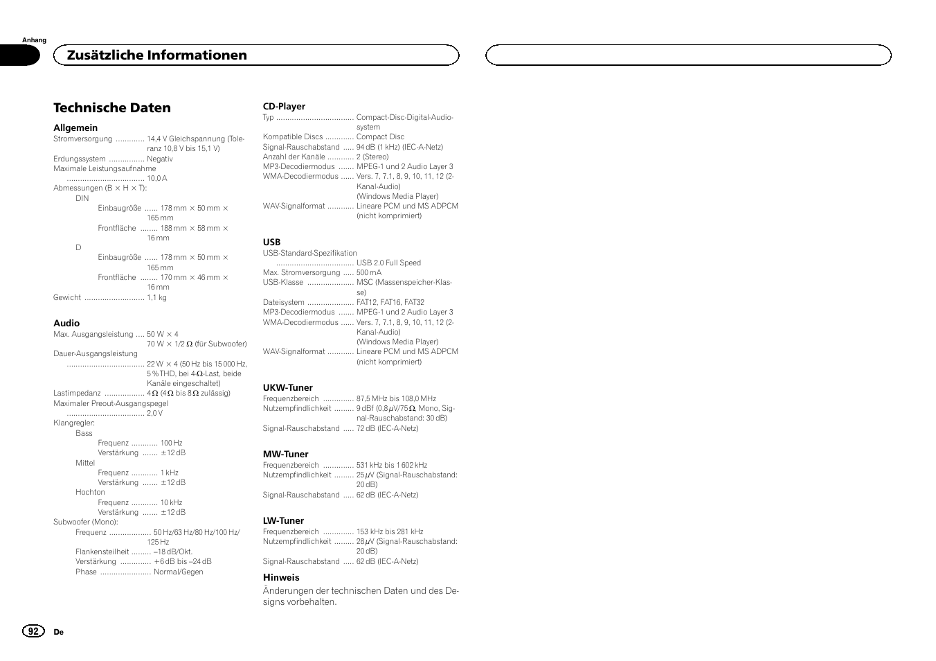 Technische daten, Zusätzliche informationen | Pioneer DEH-3400UB User Manual | Page 92 / 132