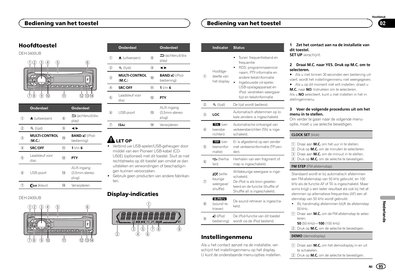 Hoofdtoestel, Display-indicaties, Instellingenmenu | Bediening van het toestel | Pioneer DEH-3400UB User Manual | Page 95 / 132