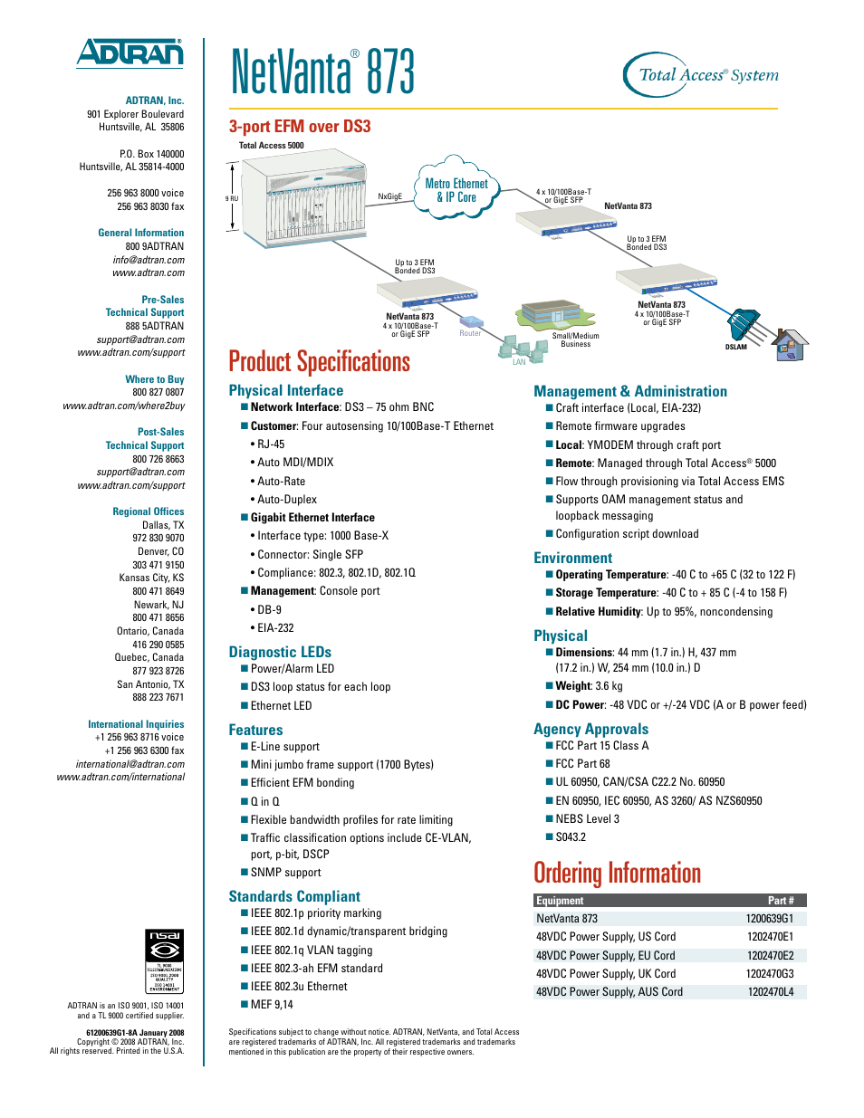 Netvanta, Product specifications, Ordering information | Port efm over ds3, Physical interface, Diagnostic leds, Features, Standards compliant, Management & administration, Environment | ADTRAN NetVanta 873 User Manual | Page 2 / 2