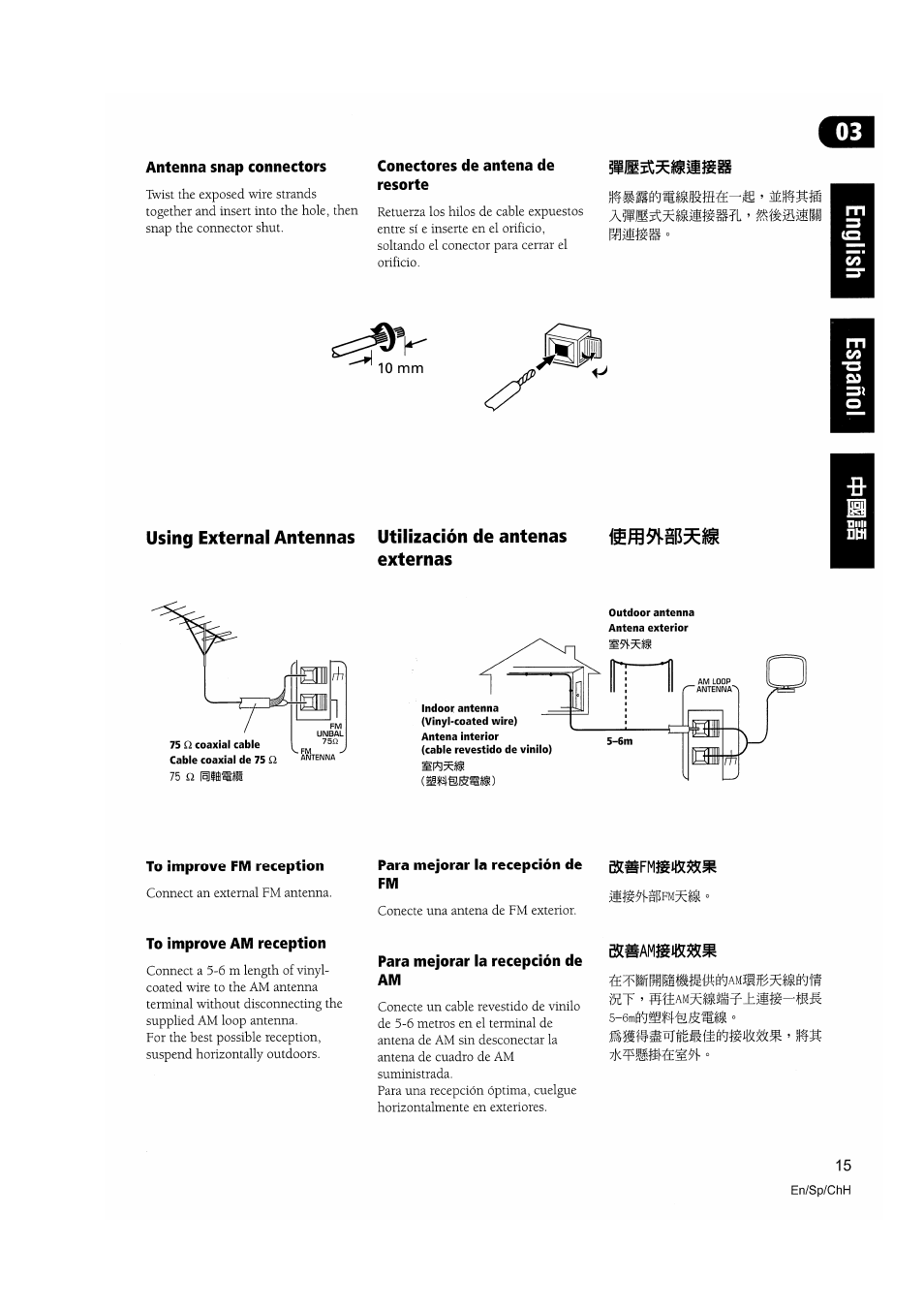 Antenna snap connectors, Conectores de antena de resorte, 10 mm | Using external antennas, Utilización de antenas externas, To improve fm reception, To improve am reception, Para mejorar la recepción de fm, Para mejorar la recepción de am | Pioneer VSX-D510 User Manual | Page 15 / 72