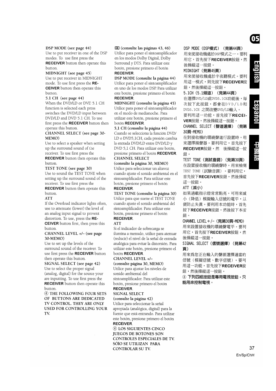 Dsp mode (dsplisc) (^s44m), O g^ij, Midnight (mlg45m) | Mlj7tj$treceiverj, M ’ mmmm-me, Channel select (»5151») (ms 30m-memo), Receivergffi, Test tone (iijkwii) (ms30m), Maijstreceiversifi, Streceiverisil | Pioneer VSX-D510 User Manual | Page 37 / 72