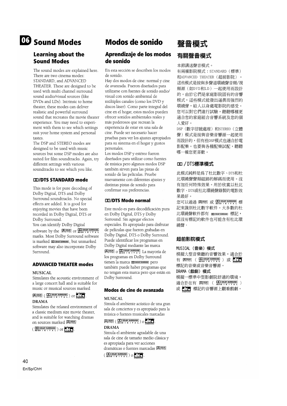 Sound modes modos de sonido, Learning about the sound modes, Musical | Drama, Aprendizaje de los modos de sonido, Otsíptt, Tmmmmmmmmmmmim, Drama (iüiij) ss | Pioneer VSX-D510 User Manual | Page 40 / 72