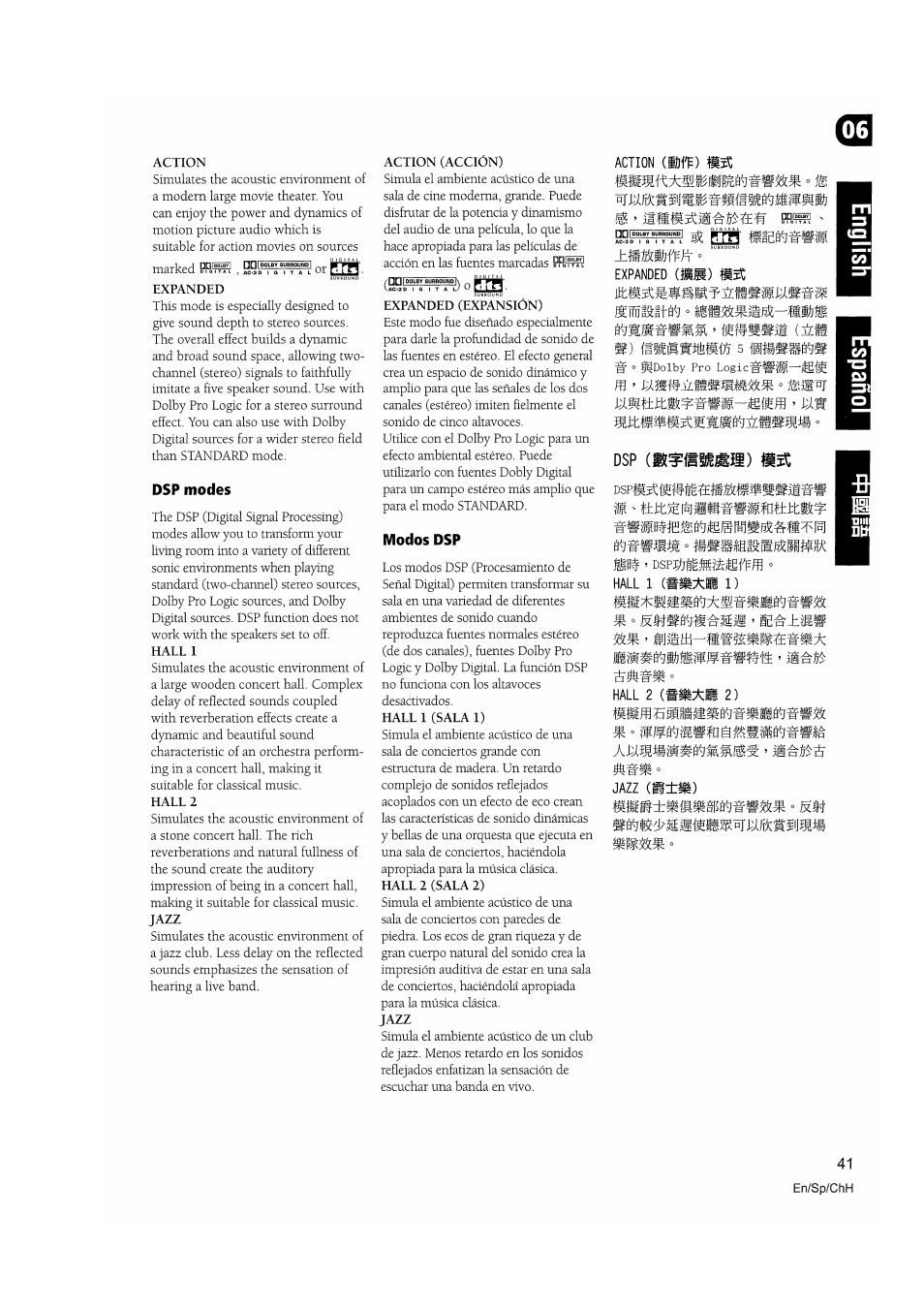 Action, Hall 1, Hall 2 | Action (acción), Expanded (expansión), Hall 1 (sala 1), Hall 2 (sala 2), Jazz, Action (ih^), Expanded (»jl) | Pioneer VSX-D510 User Manual | Page 41 / 72