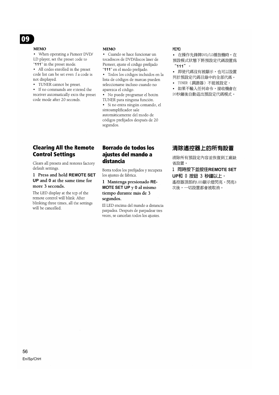 Memo, Clearing all the remote control settings, Borrado de todos los ajustes del mando a distancia | 2ofmm | Pioneer VSX-D510 User Manual | Page 56 / 72