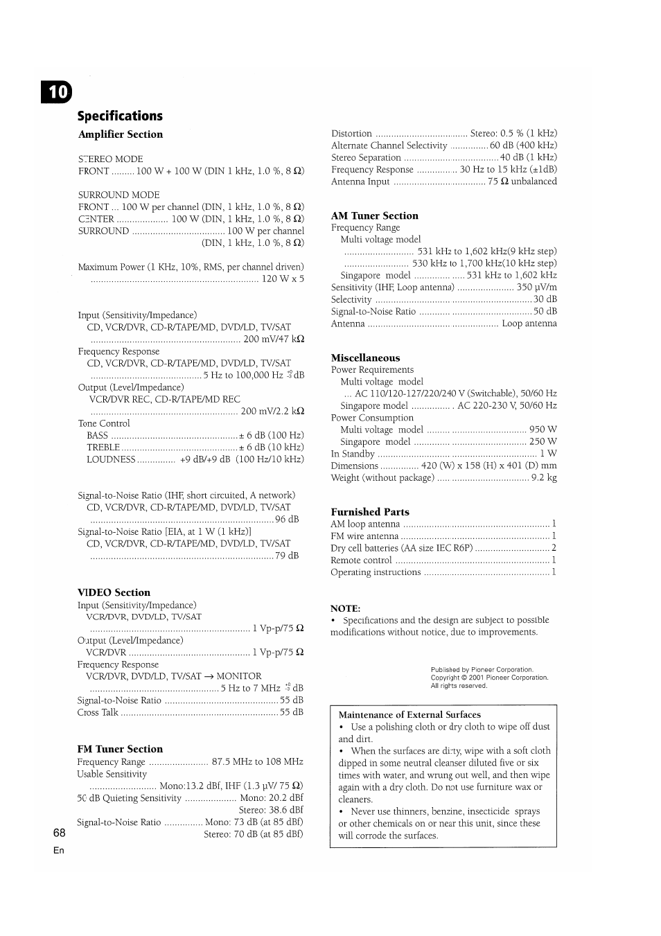 Specifications, Note | Pioneer VSX-D510 User Manual | Page 68 / 72