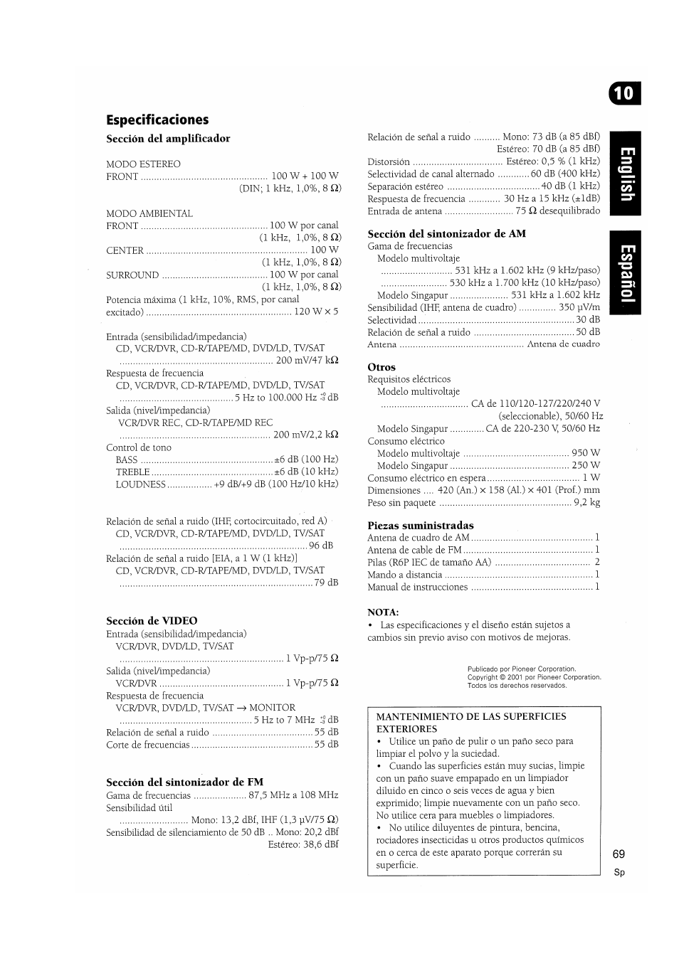 Especificaciones, Nota | Pioneer VSX-D510 User Manual | Page 69 / 72