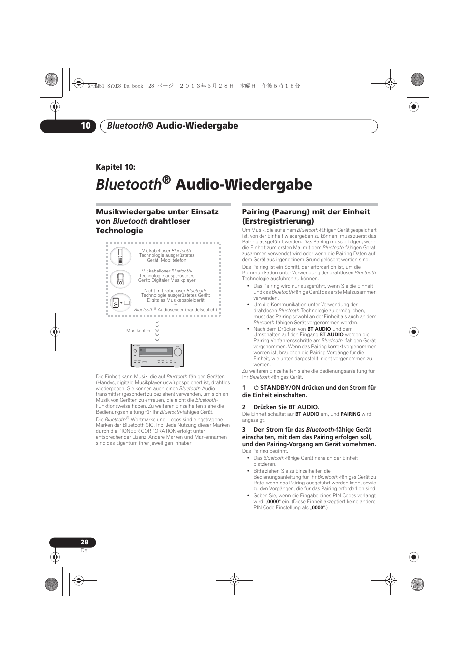 10 bluetooth ® audio-wiedergabe, Technologie, Pairing (paarung) mit der einheit | Erstregistrierung), Bluetooth, Audio-wiedergabe, Bluetooth ® audio-wiedergabe, Kapitel 10 | Pioneer X-HM51-K User Manual | Page 100 / 256