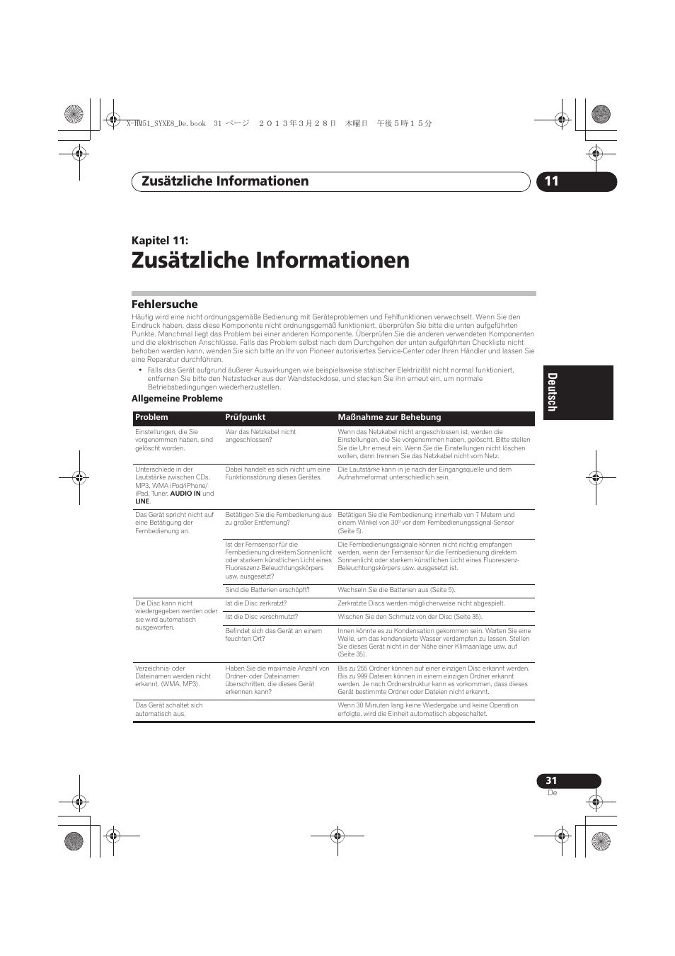 11 zusätzliche informationen, Fehlersuche, Zusätzliche informationen | Zusätzliche informationen 11, Kapitel 11 | Pioneer X-HM51-K User Manual | Page 103 / 256