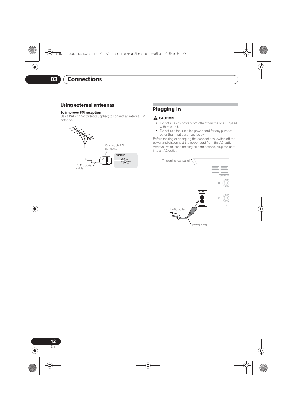 Using external antennas, Plugging in, Connections 03 | Pioneer X-HM51-K User Manual | Page 12 / 256