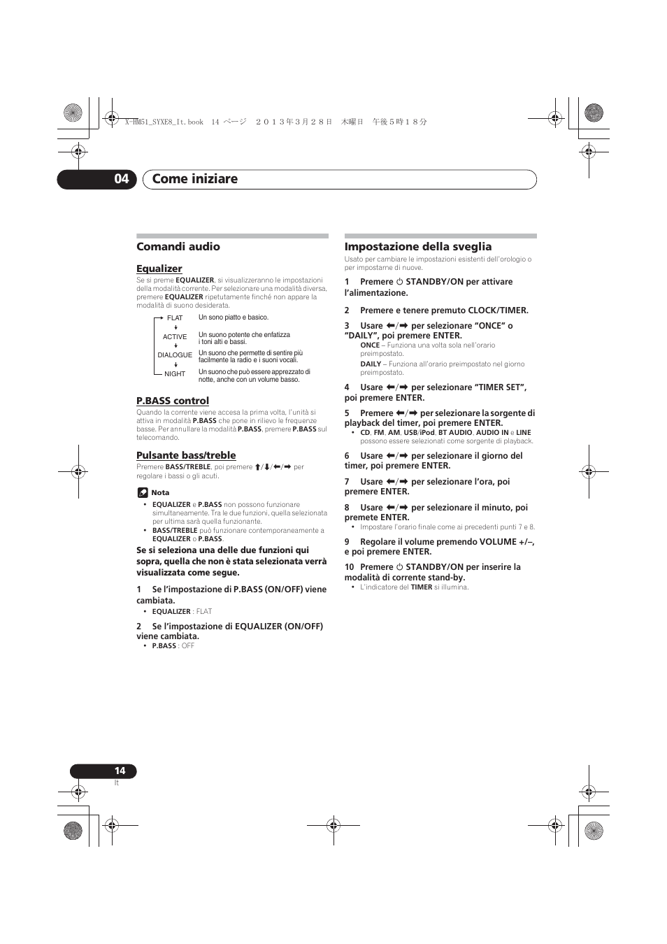 Comandi audio, Equalizer, P.bass control | Pulsante bass/treble, Impostazione della sveglia, Come iniziare 04 | Pioneer X-HM51-K User Manual | Page 122 / 256