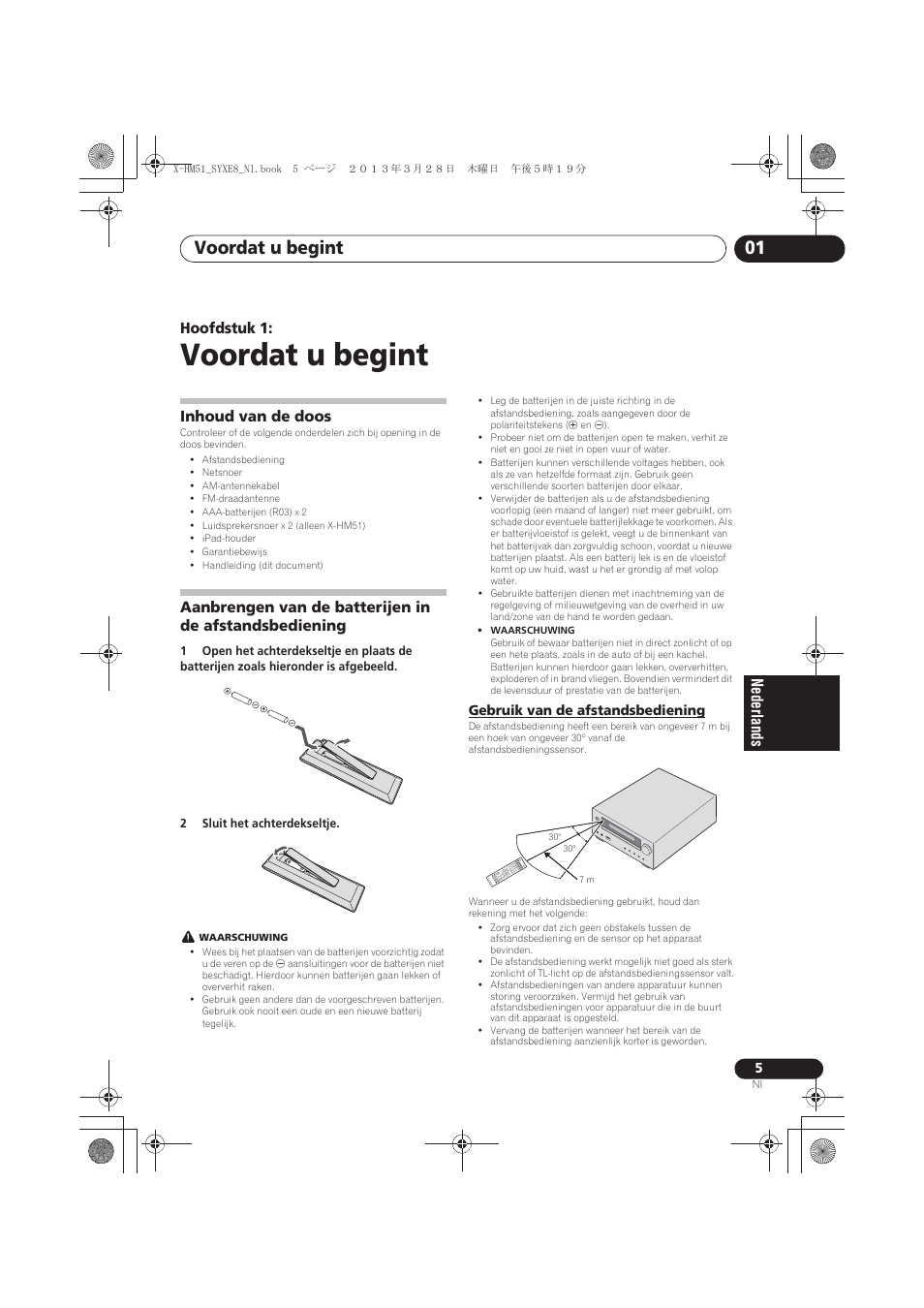 01 voordat u begint, Inhoud van de doos, Aanbrengen van de batterijen in de | Afstandsbediening, Gebruik van de afstandsbediening, Voordat u begint, Voordat u begint 01, Hoofdstuk 1 | Pioneer X-HM51-K User Manual | Page 149 / 256
