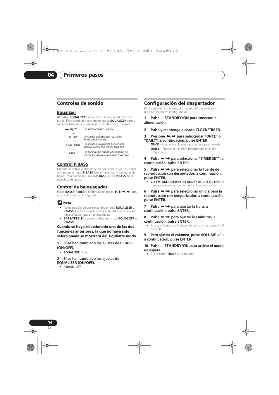 Controles de sonido, Equalizer, Control p.bass | Control de bajos/agudos, Configuración del despertador, Primeros pasos 04 | Pioneer X-HM51-K User Manual | Page 194 / 256