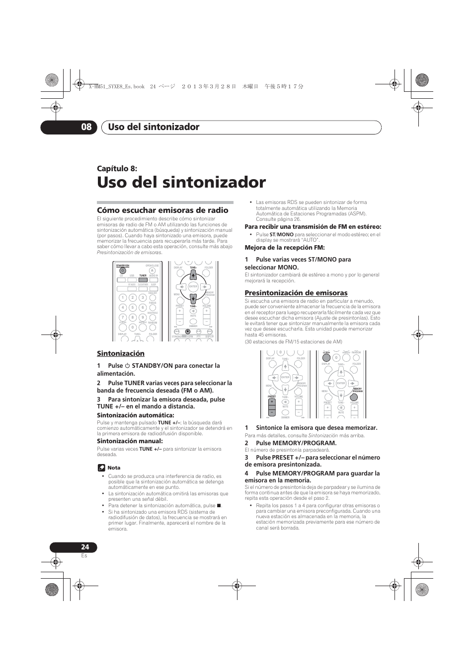 08 uso del sintonizador, Cómo escuchar emisoras de radio, Sintonización | Presintonización de emisoras, Uso del sintonizador, Uso del sintonizador 08, Capítulo 8, Sintonización manual, Para recibir una transmisión de fm en estéreo | Pioneer X-HM51-K User Manual | Page 204 / 256