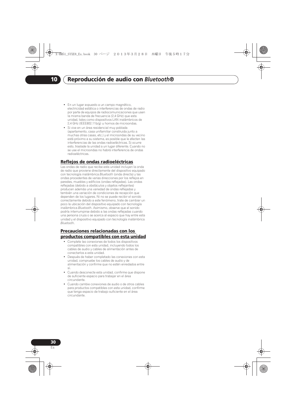 Reflejos de ondas radioeléctricas, Precauciones relacionadas con los productos, Compatibles con esta unidad | Reproducción de audio con bluetooth | Pioneer X-HM51-K User Manual | Page 210 / 256