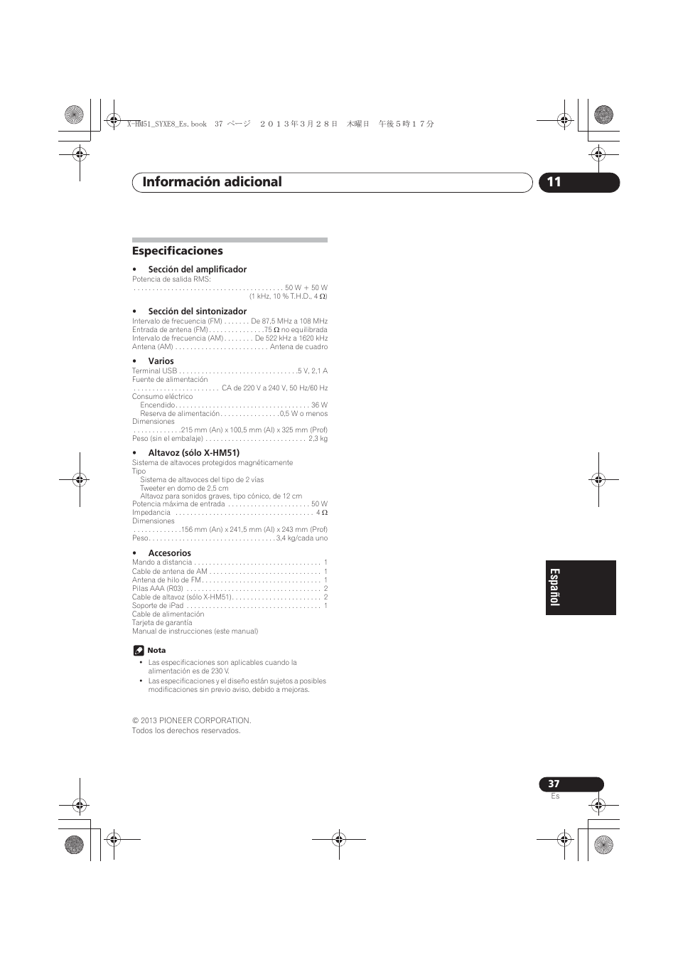 Especificaciones, Información adicional 11 | Pioneer X-HM51-K User Manual | Page 217 / 256