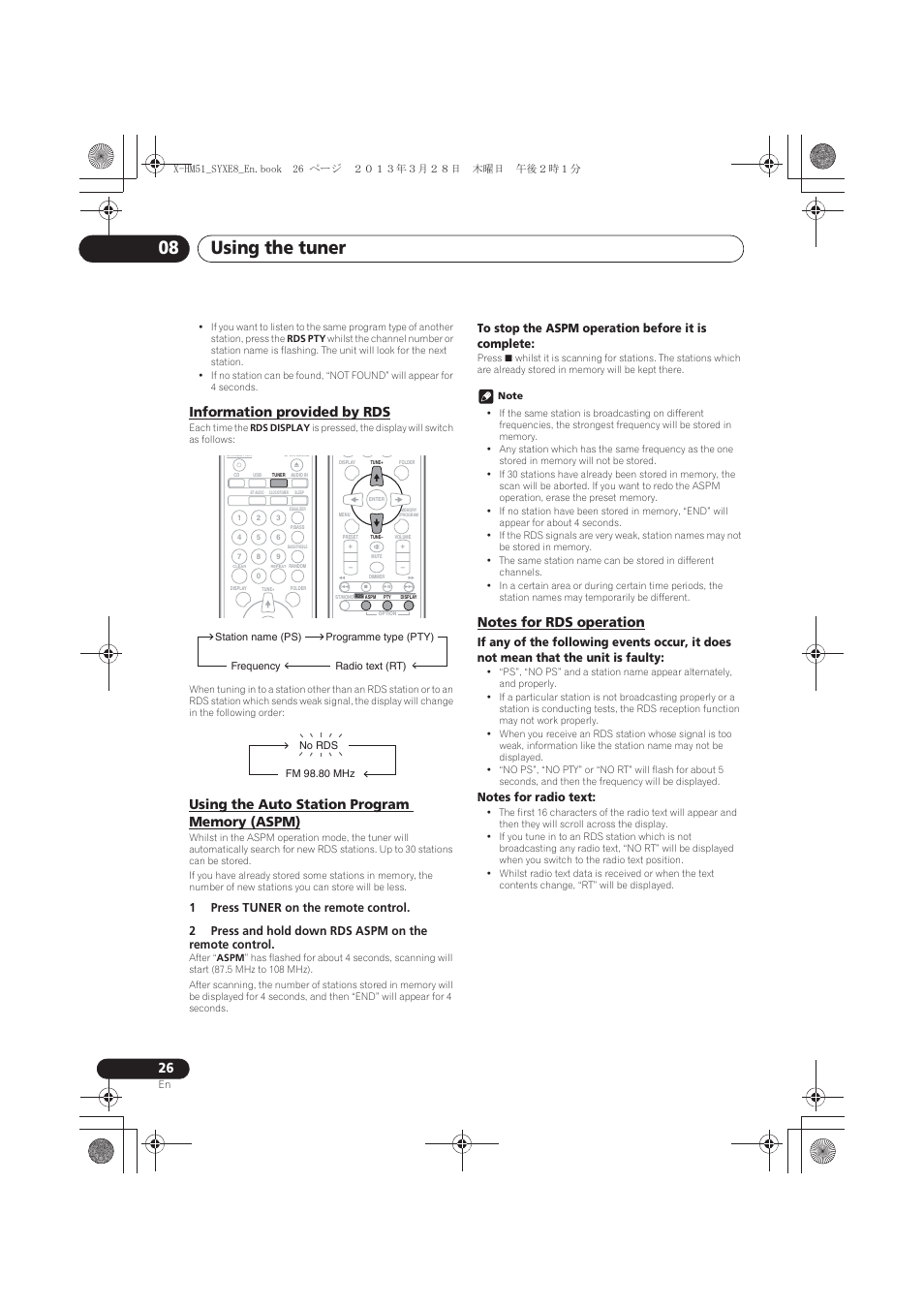 Information provided by rds, Using the auto station program memory (aspm), Notes for rds operation | Using the tuner 08 | Pioneer X-HM51-K User Manual | Page 26 / 256