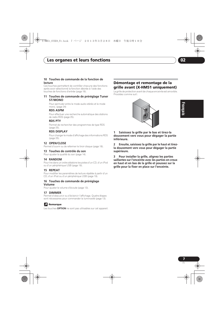 Démontage et remontage de la grille avant (x-hm51, Uniquement), Les organes et leurs fonctions 02 | Pioneer X-HM51-K User Manual | Page 43 / 256