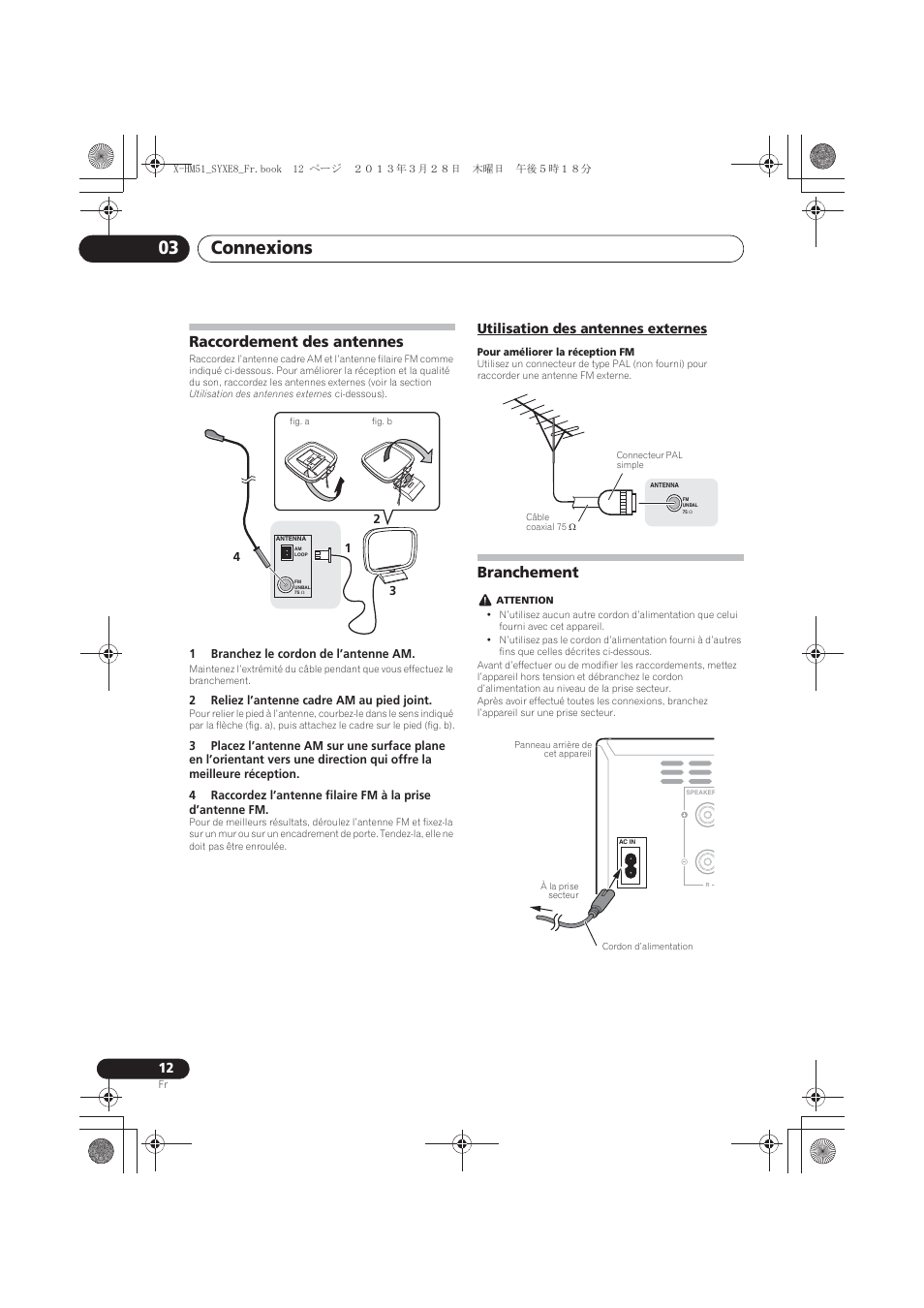 Raccordement des antennes, Utilisation des antennes externes, Branchement | Connexions 03 | Pioneer X-HM51-K User Manual | Page 48 / 256