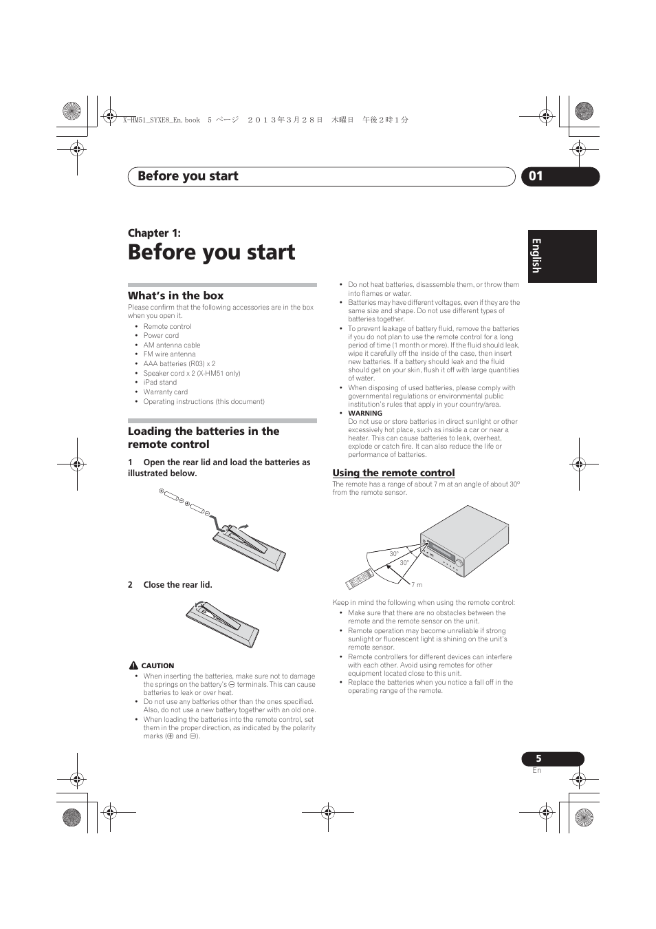 01 before you start, What’s in the box, Loading the batteries in the remote control | Using the remote control, Before you start, Before you start 01, English français español, Chapter 1 | Pioneer X-HM51-K User Manual | Page 5 / 256