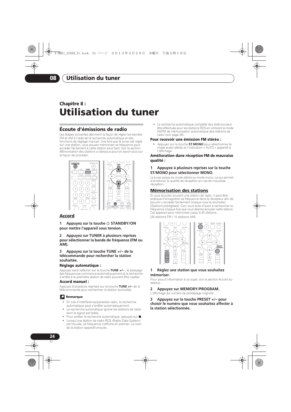08 utilisation du tuner, Écoute d’émissions de radio, Accord | Mémorisation des stations, Utilisation du tuner, Utilisation du tuner 08, Chapitre 8, Accord manuel, Pour recevoir une émission fm stéréo, 1réglez une station que vous souhaitez mémoriser | Pioneer X-HM51-K User Manual | Page 60 / 256
