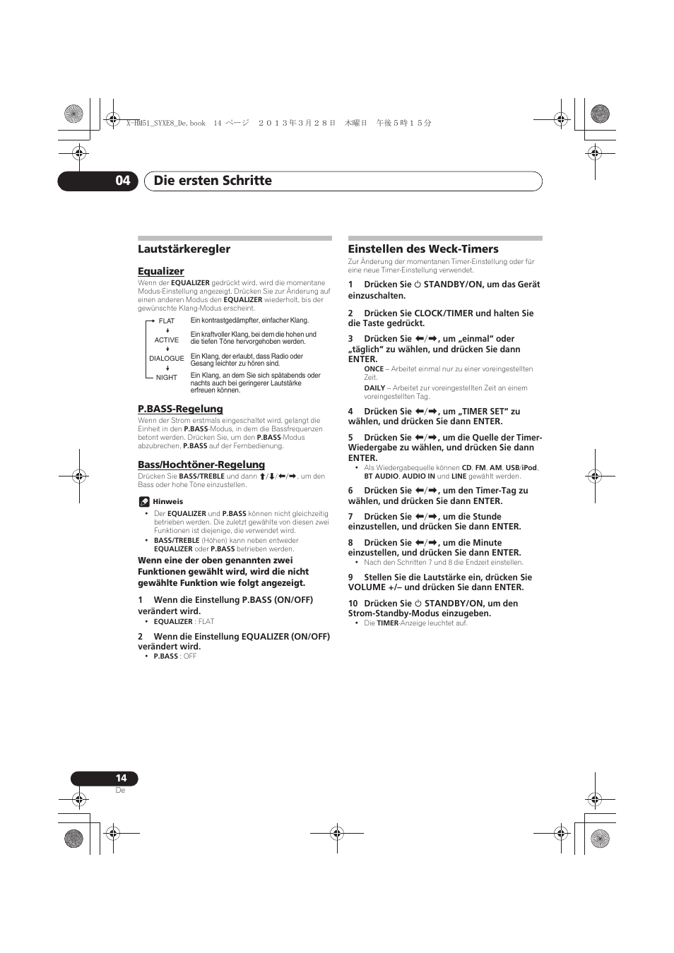 Lautstärkeregler, Equalizer, P.bass-regelung | Bass/hochtöner-regelung, Einstellen des weck-timers, Die ersten schritte 04 | Pioneer X-HM51-K User Manual | Page 86 / 256