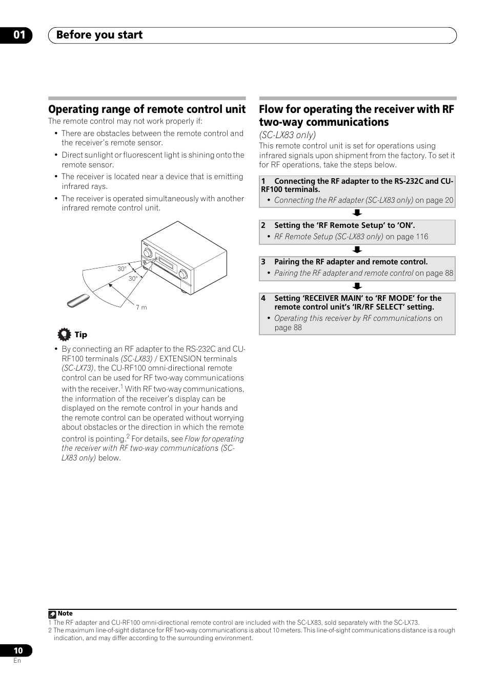 Operating range of remote control unit, Before you start 01 | Pioneer SC-LX73 User Manual | Page 10 / 146